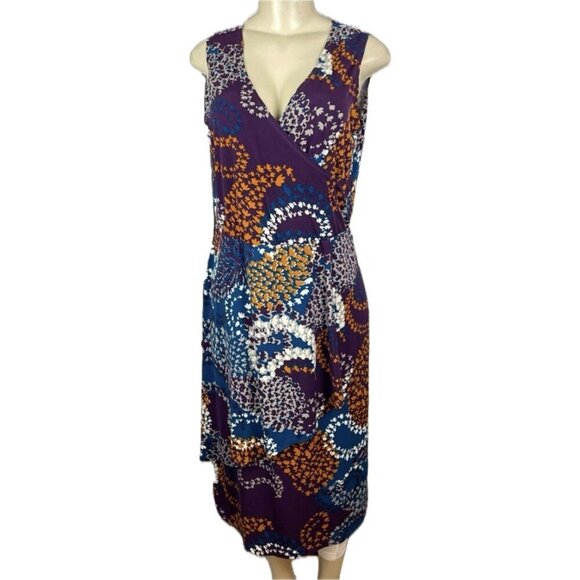 Carolyn Strauss M Purple Abstract Print Faux Wrap Sleeveless Below Knee Dress - Picture 2 of 6